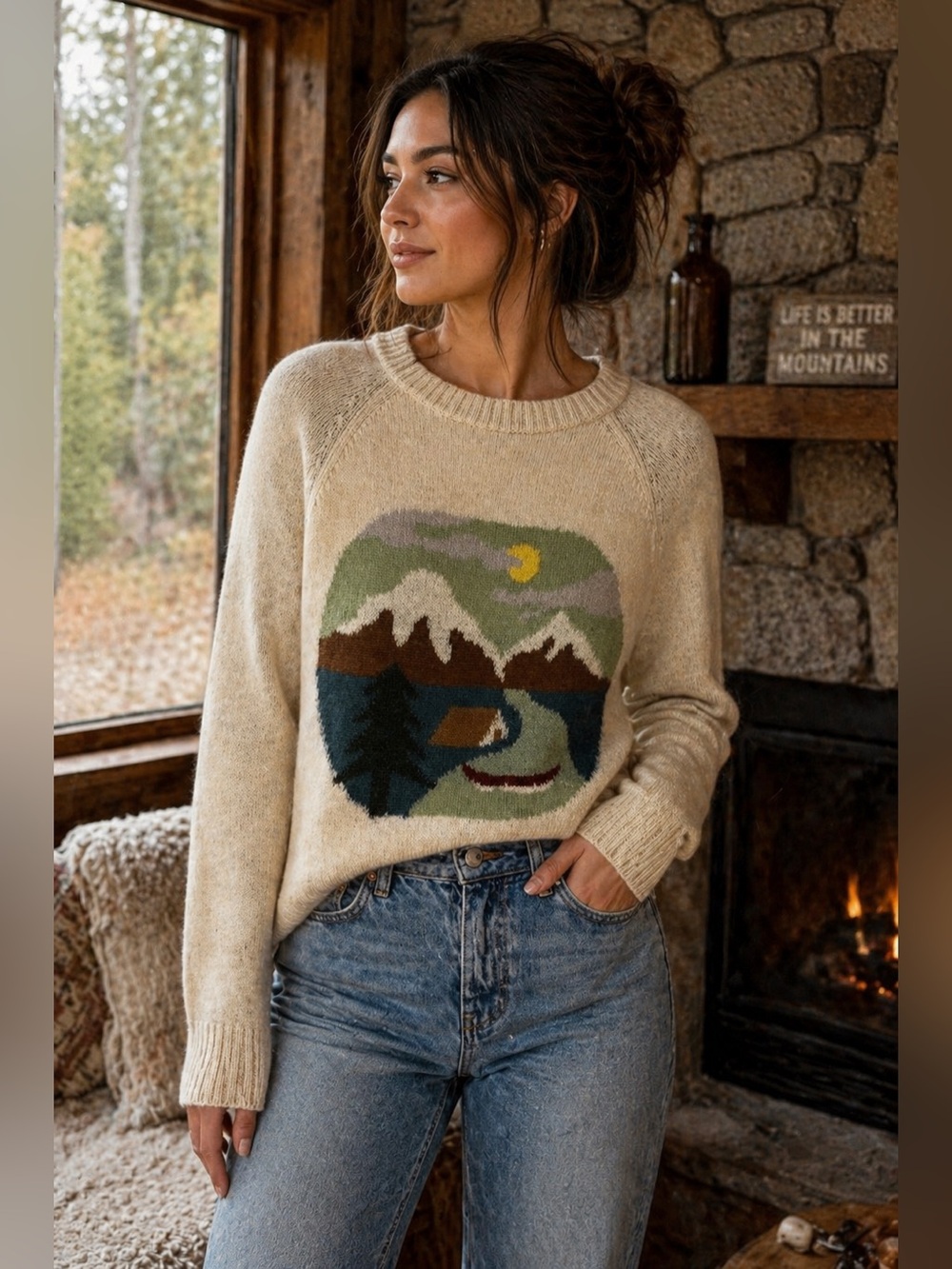 Woolrich Scenic Knit Sweater Nature Graphic Cozy Cottagecore S/P